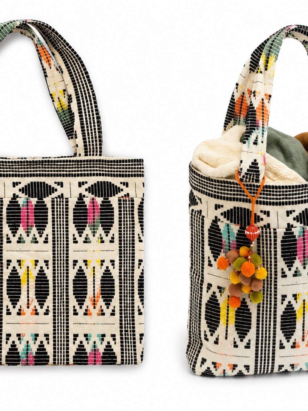 Boho Geometric Cream & Black Tote with Colorful Accents
